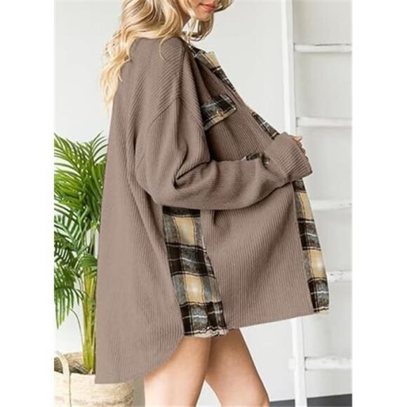 Women's Waffle Knit Plaid Shacket –  Button-Down Shirt Jacket - Picture 4 of 7